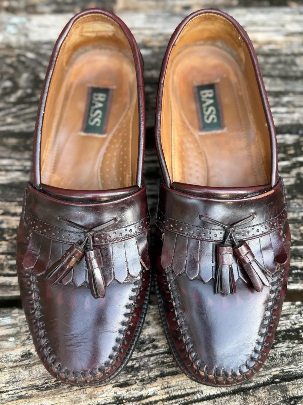 Vintage Bass Nelson Sz 10D Burgundy Leather Tassel Kiltie Loafers with Fringe P4